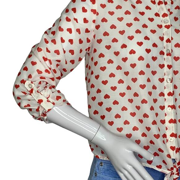 FB Sister Shirt Heart Print Button Down Long Sleeve Toll-tab Size XS - Picture 5 of 12